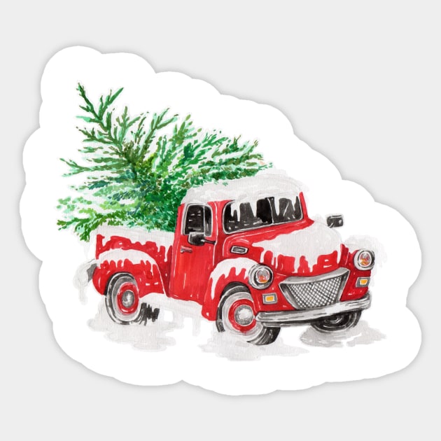 Snow Covered Vintage Retro Red Farm Pickup Truck with Christmas Tree Sticker by SpacemanTees